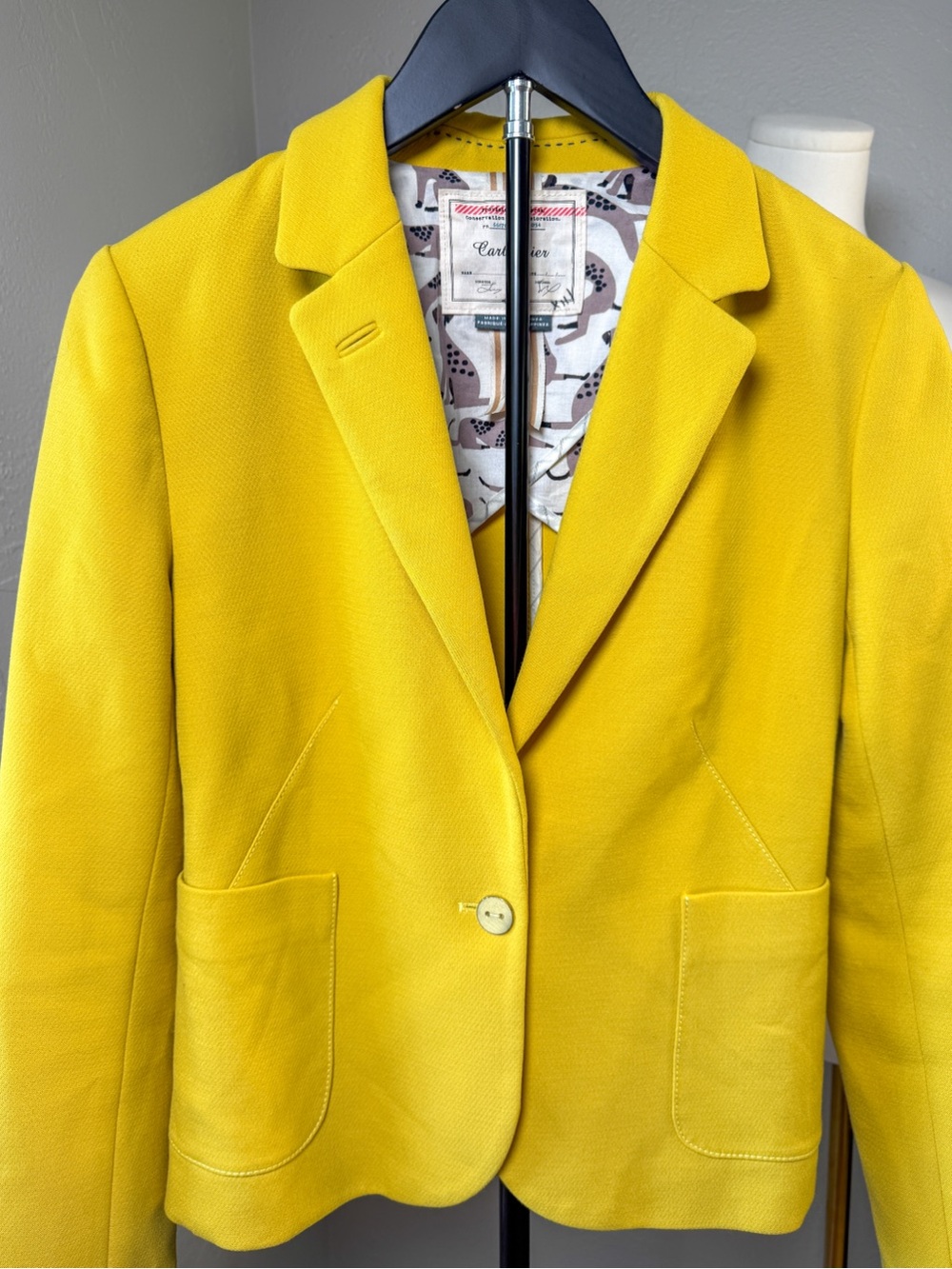 Anthropologie Cartonnier Mustard Yellow Knit Blazer Dalmatian Lining Size 4